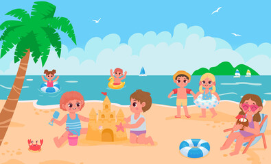 Obraz na płótnie Canvas Summer beach landscape with kids playing toys