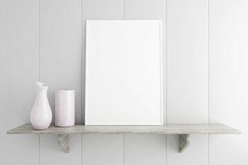 Minimalist and clean vertical white poster or photo frame mockup on the marble table in living room