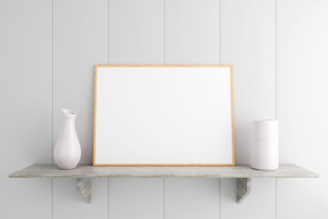 Minimalist and clean horizontal wooden poster or photo frame mockup on the marble table in room