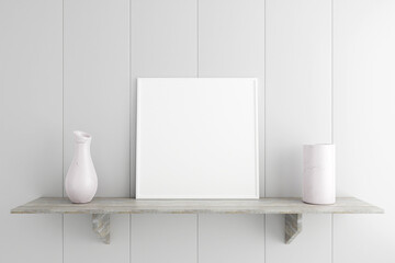 Fototapeta na wymiar Minimalist and clean square white poster or photo frame mockup on the marble table in living room