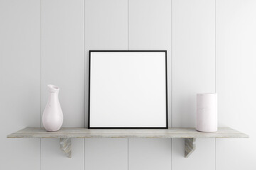 Fototapeta na wymiar Minimalist and clean square black poster or photo frame mockup on the marble table in living room