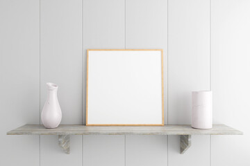 Minimalist and clean square wooden poster or photo frame mockup on the marble table in living room