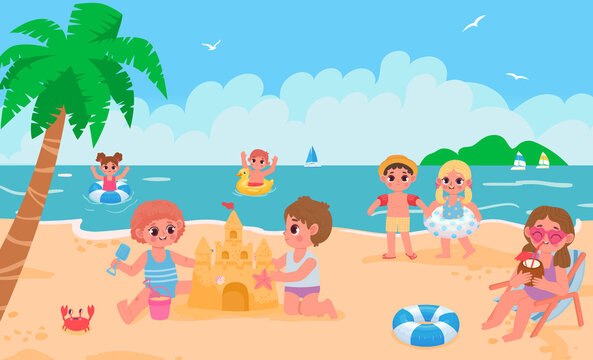 Summer beach landscape with kids playing toys