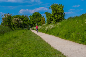 People walking and riding bicycles. Greenway hiking and cycling trail Stratford upon Avon Warwickshire England UK