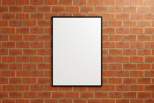 Minimalist hanging vertical black poster or photo frame mockup in brick wall