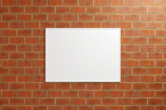 Minimalist hanging horizontal white poster or photo frame mockup in brick wall