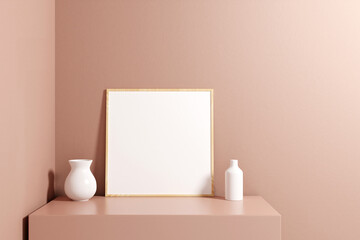 Minimalist and clean square wooden poster or photo frame mockup on the podium table