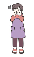 頬に手を当てて困っているエプロン姿の女性C【カラー／全身】