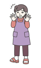 両手を広げて驚いているエプロン姿の女性C【カラー／全身】