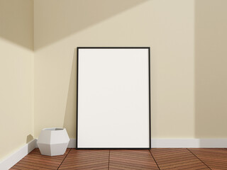 Fototapeta na wymiar Minimalist and clean vertical black poster or photo frame mockup in a room wooden floor