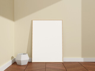 Minimalist and clean vertical wooden poster or photo frame mockup in a room wooden floor