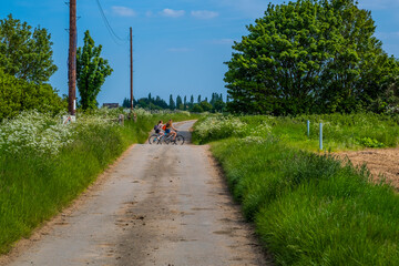 People walking and riding bicycles. Greenway hiking and cycling trail Stratford upon Avon Warwickshire England UK