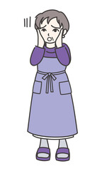 頬に手を当てて困っているエプロン姿の女性D【カラー／全身】