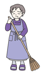 箒を持って少しうなだれているエプロン姿の女性D【カラー／全身】