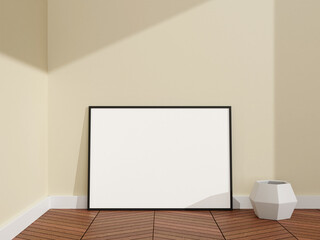 Minimalist and clean horizontal black poster or photo frame mockup in a room wooden floor