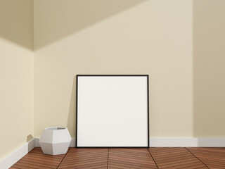 Minimalist and clean square black poster or photo frame mockup in a room wooden floor