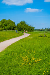 Fototapeta na wymiar People walking and riding bicycles. Greenway hiking and cycling trail Stratford upon Avon Warwickshire England UK