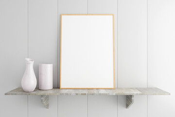 Minimalist and clean vertical wooden poster or photo frame mockup on the marble table in room
