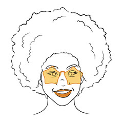 Line illustration of afro girl in yellow sunglasses in the form of stars