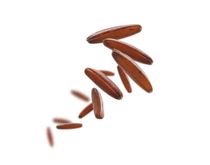 Raw brown rice levitates on a white background