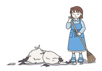 散らかされたゴミ捨て場を掃除するエプロン姿の女性A【カラー／壁なし】