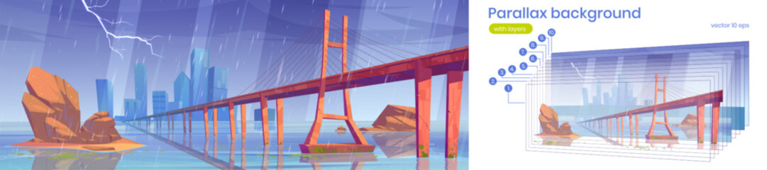 Parallax background modern city at storm, urban skyline view with low-water bridge, metropolis cityscape with skyscraper buildings, separated layers, for 2d game animation, Cartoon vector illustration