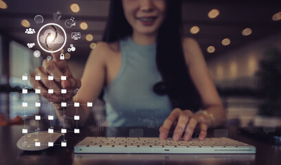 Businesswoman share, backup, download, upload, manage data.Document management concept on smartphones and laptops. Huge online document database