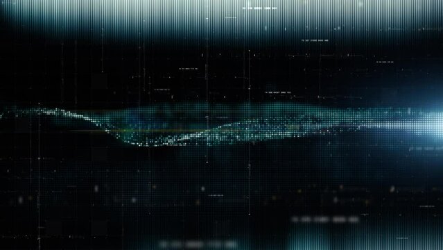 Futuristic abstract de-focus flowing data matrix, telemetry and encrypt numbers display with particles simulation for head up display in cyber space environment loop background