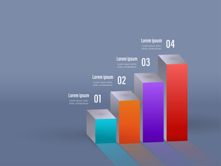 Business Infographic Chart Or Diagram With 3D Four Colorful Columns On Glossy Blue Background.