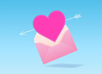Mail envelope with pink heart and arrow as a symbol of love. Advertising vector poster for the store. Love correspondence concept. Happy valentine's day 2021. 