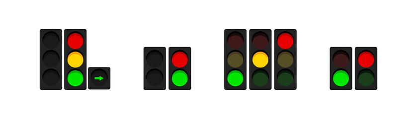 Traffic lights illustrations for any purpose. Isolated object. Green, yellow and red light stoplights. - obrazy, fototapety, plakaty