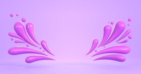 Fototapeta na wymiar Flying splash with liquid drops, isolated on studio purple background. Stream pink paint or nail polish, minimal texture frame with space for display cosmetic product. Modern abstract design 3d render