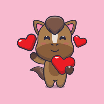 cute horse  cartoon character holding love heart in valentines day