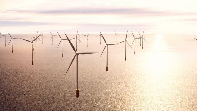夕日で輝く海と風を受けて回る海上風力発電の風車 / 再生可能エネルギー・脱炭素社会のコンセプトイメージ / 3Dモーショングラフィックス