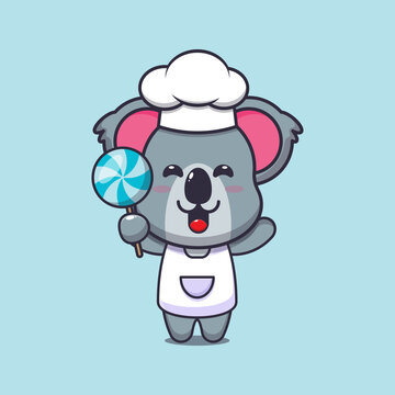 cute koala chef mascot cartoon character holding candy
