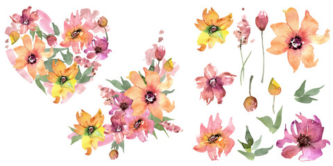 Watercolor floral elements for design of greeting cards, invitations. High quality illustration