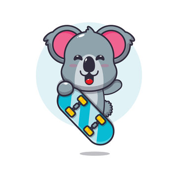 cute koala mascot cartoon character with skateboard