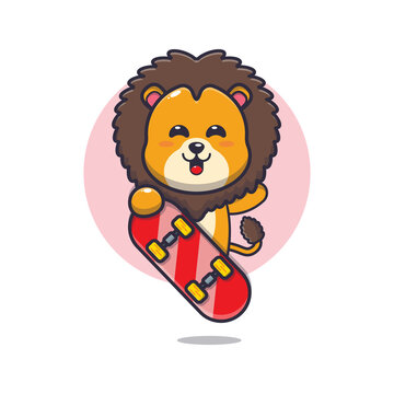 cute lion mascot cartoon character with skateboard