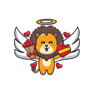 cute lion cupid cartoon character holding love gift and love bouquet