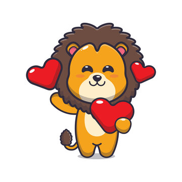 cute lion cartoon character holding love heart in valentines day