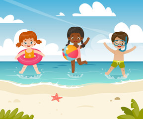 Obraz na płótnie Canvas Cute kids playing on the sea coast. Adorable summertime children jumping on the beach.
