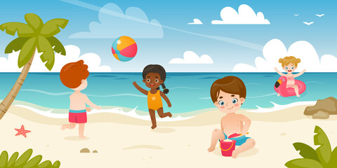 Cute kids playing on the sea coast. Adorable children on summer vacations. Toddlers on the beach.