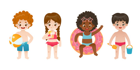 Summertime beach kids set. Collection of happy children on summer vacations. Bundle of cartoon resting toddlers.