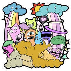 Hand-drawn illustrations, monsters doodle, Hand Drawn cartoon monster illustration,Cartoon crowd doodle hand-drawn Doodle style.