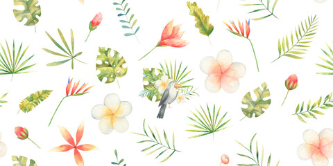 seamless pattern with birds black and tropical leaves with flowers, children's watercolor illustration, design, print