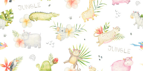 seamless pattern with safari animals, reptiles and birds, in tropical palm colors, cute watercolor illustration on white background