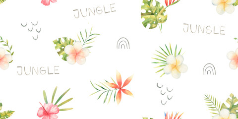 seamless pattern with tropical flowers and palm leaves and lettering graphic elements, cute watercolor illustration on white background