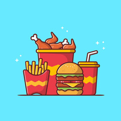 Burger with Fried Chicken, French Fries And Soda Cartoon Vector Icon Illustration. Fast Food Icon Concept Isolated Premium Vector. Flat Cartoon Style - obrazy, fototapety, plakaty
