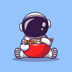 Cute Astronaut Eat Ramen Cartoon Vector Icon Illustration. Science Food Icon Concept Isolated Premium Vector. Flat Cartoon Style