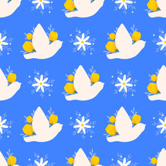 Bird and flowers seamless pattern on blue background. White bird with yellow tulips and white daisies pattern for decoration, print. Easter spring pattern.